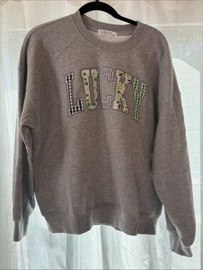 Gray 'LUCKY' Appliqué Crewneck Sweatshirt
